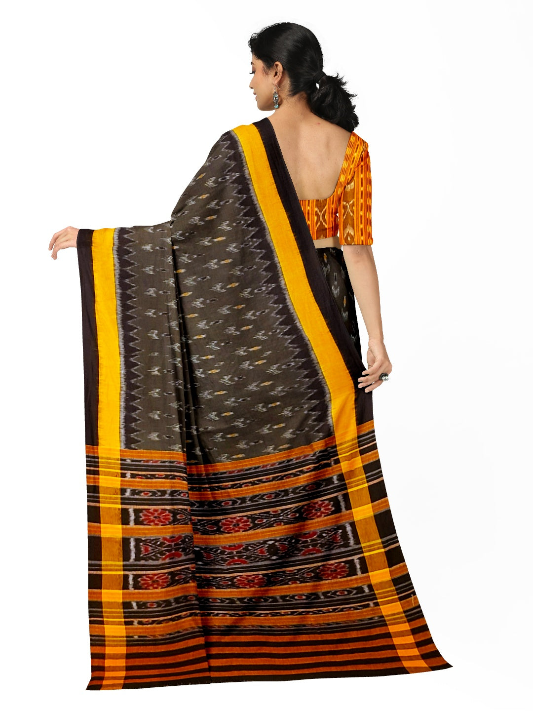 Grey Cotton Odisha Ikat saree  with  cotton ikat blouse piece