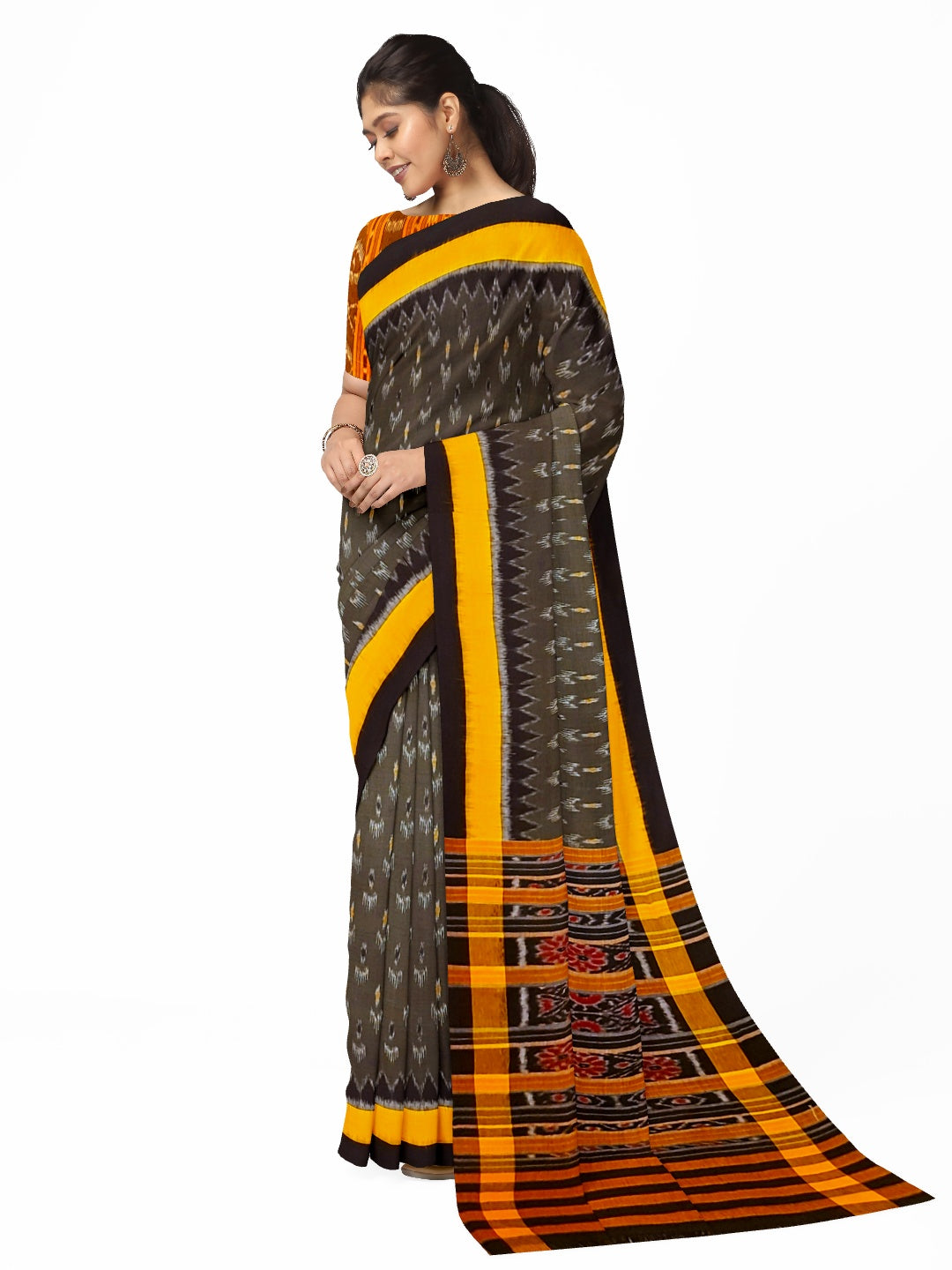 Grey Cotton Odisha Ikat saree  with  cotton ikat blouse piece