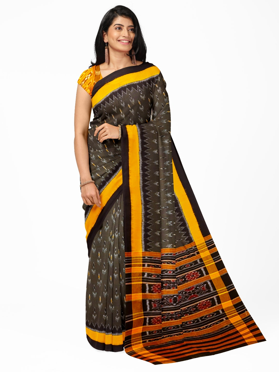 Grey Cotton Odisha Ikat saree  with  cotton ikat blouse piece
