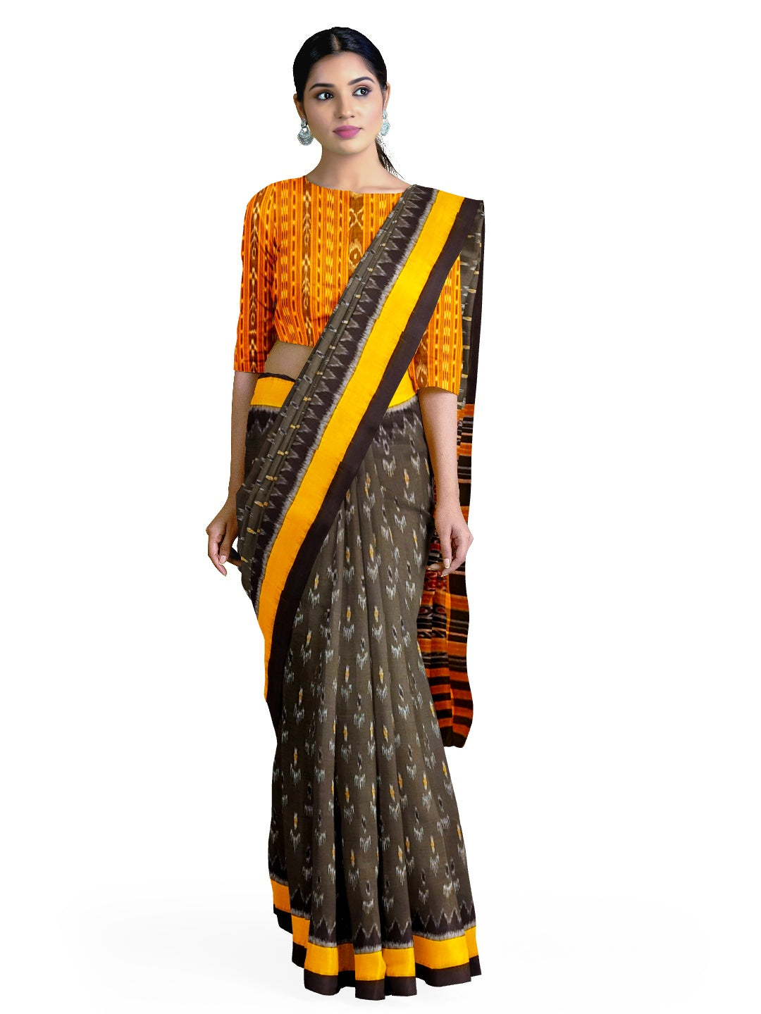 Grey Cotton Odisha Ikat saree  with  cotton ikat blouse piece
