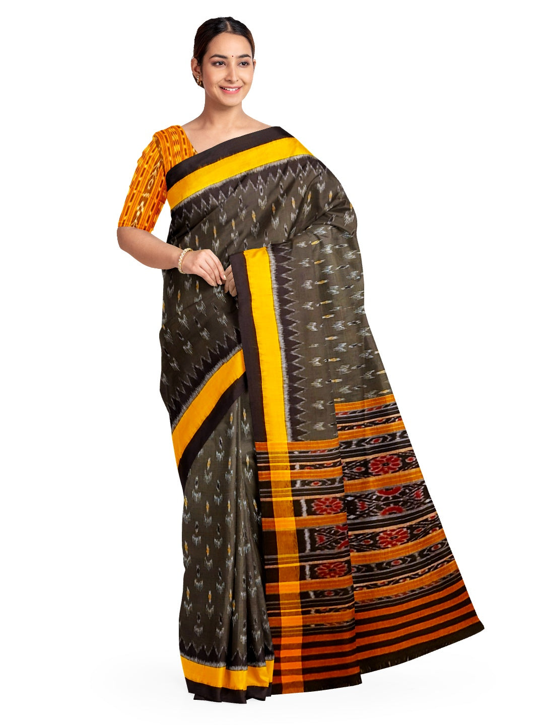 Grey Cotton Odisha Ikat saree  with  cotton ikat blouse piece