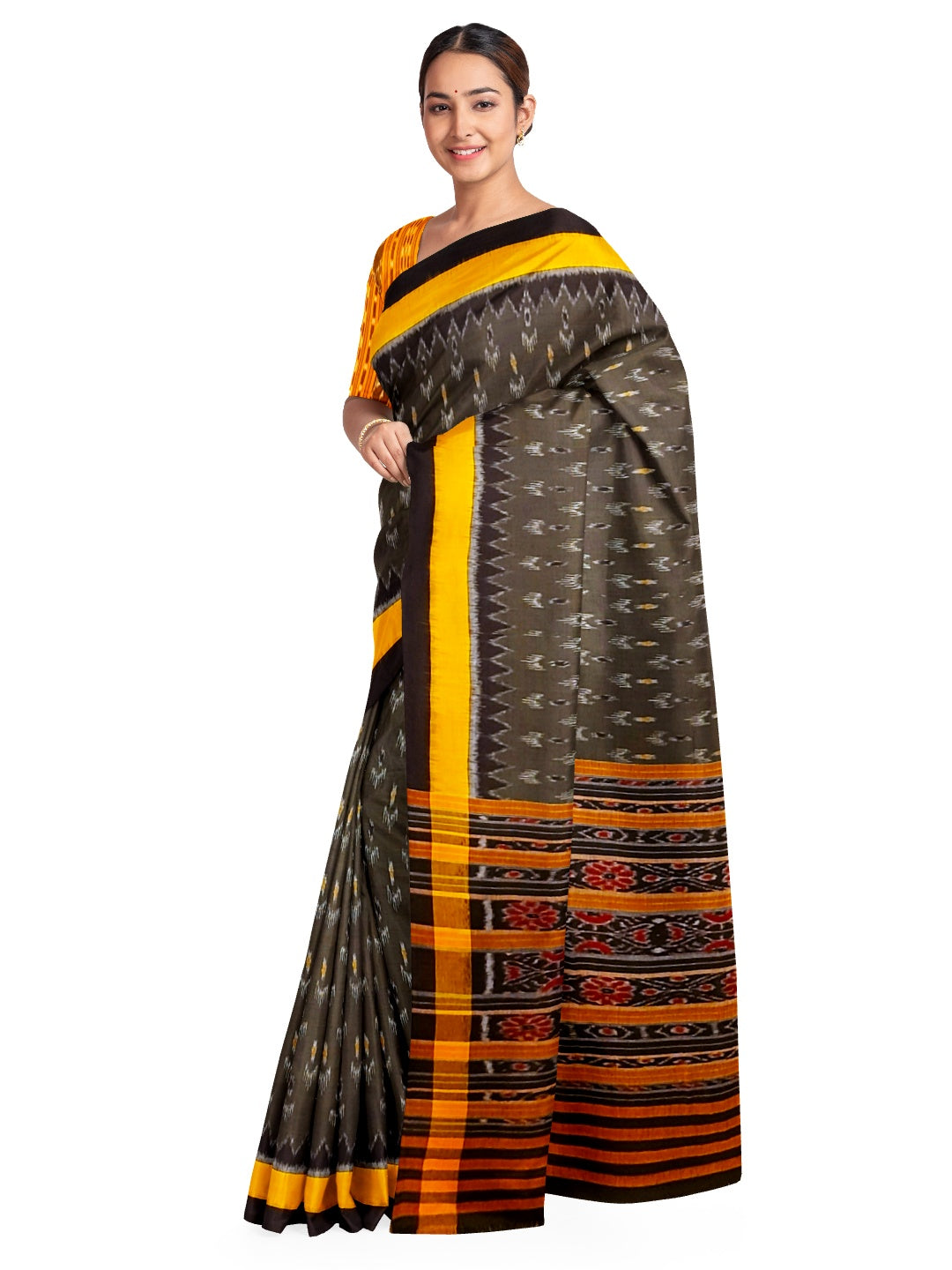 Grey Cotton Odisha Ikat saree  with  cotton ikat blouse piece