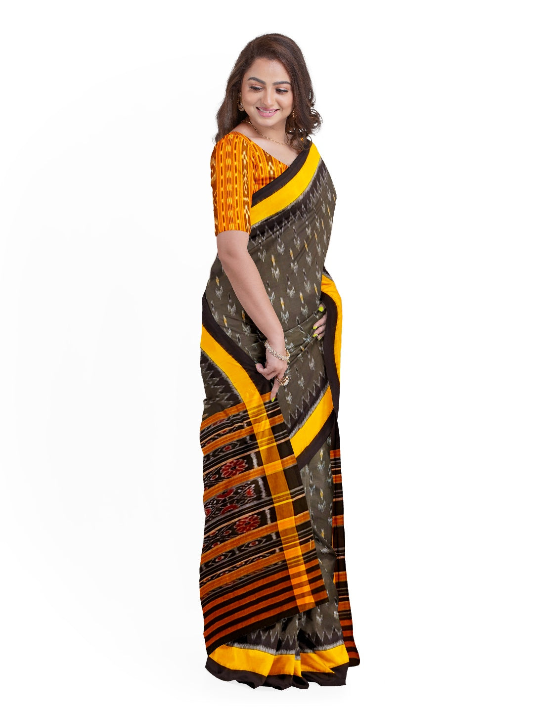 Grey Cotton Odisha Ikat saree  with  cotton ikat blouse piece