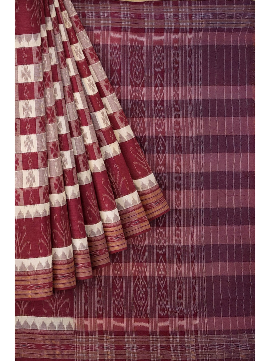 Beige and Maroon cotton ikat Saree with mix match red cotton Ikat Blouse