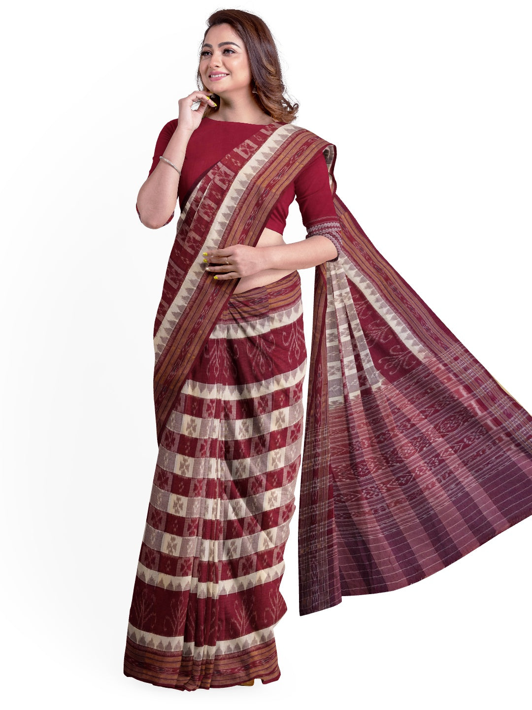 Beige and Maroon cotton ikat Saree with mix match red cotton Ikat Blouse
