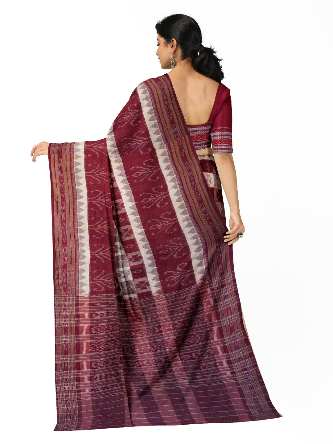 Beige and Maroon cotton ikat Saree with mix match red cotton Ikat Blouse