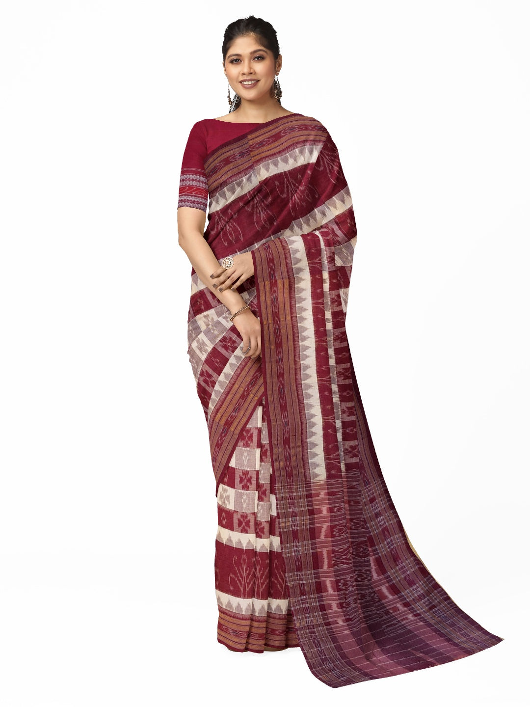 Beige and Maroon cotton ikat Saree with mix match red cotton Ikat Blouse