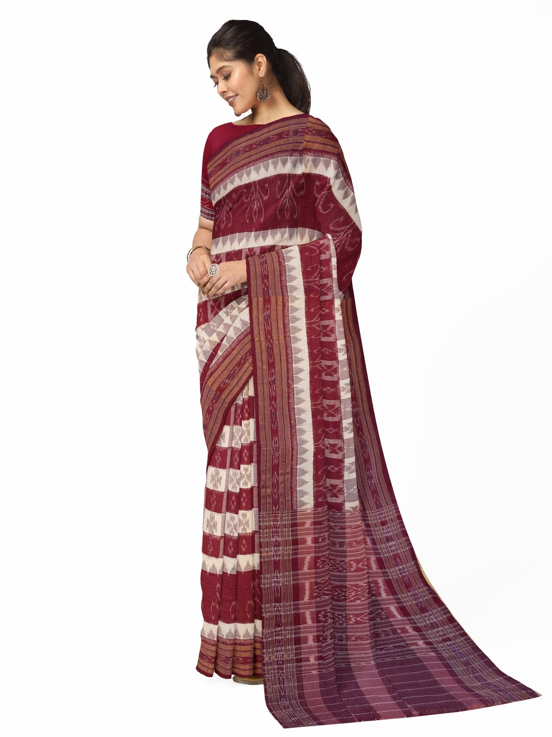 Beige and Maroon cotton ikat Saree with mix match red cotton Ikat Blouse