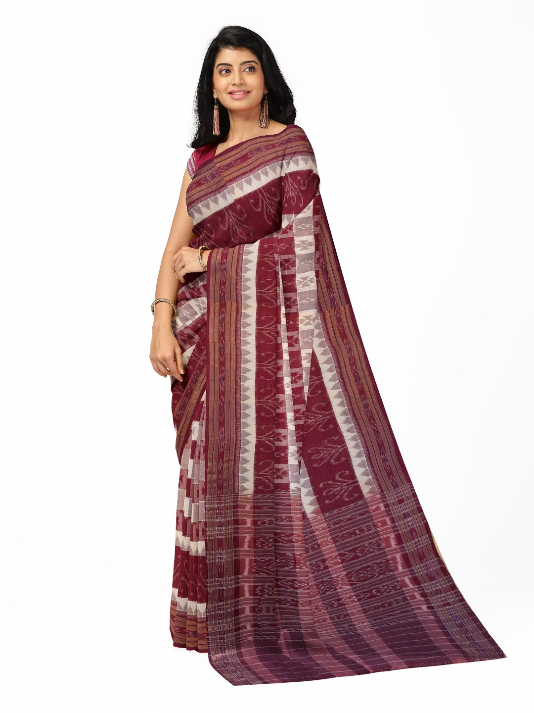 Beige and Maroon cotton ikat Saree with mix match red cotton Ikat Blouse