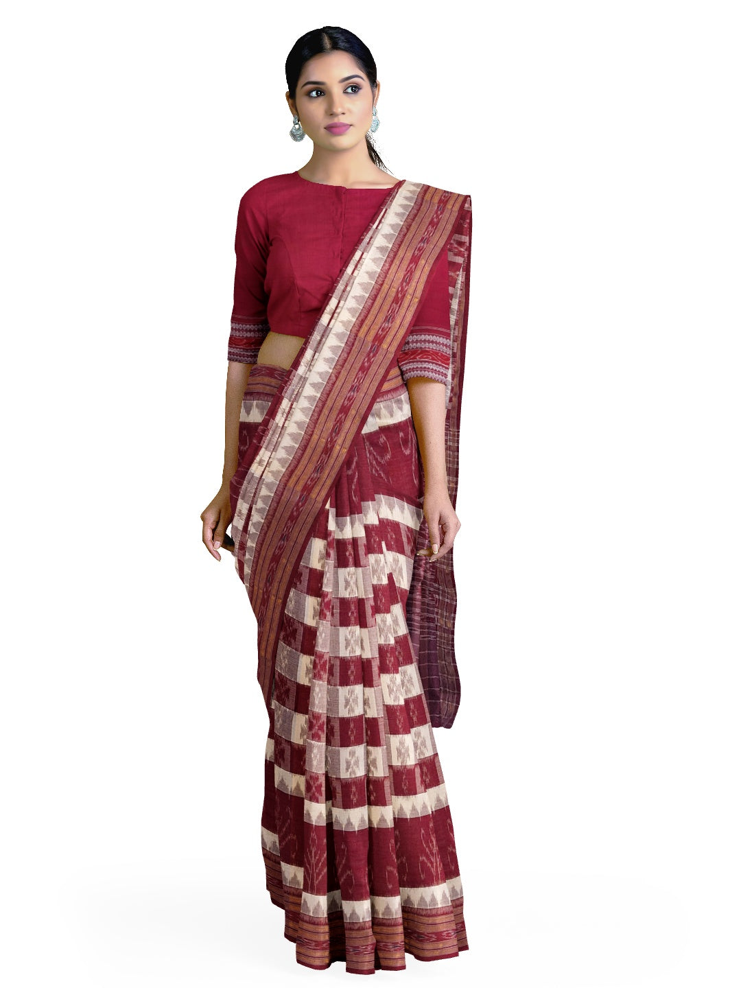 Beige and Maroon cotton ikat Saree with mix match red cotton Ikat Blouse