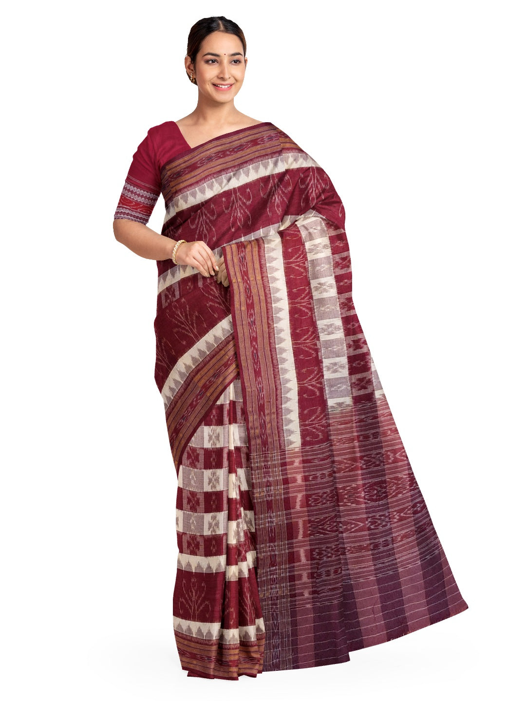 Beige and Maroon cotton ikat Saree with mix match red cotton Ikat Blouse