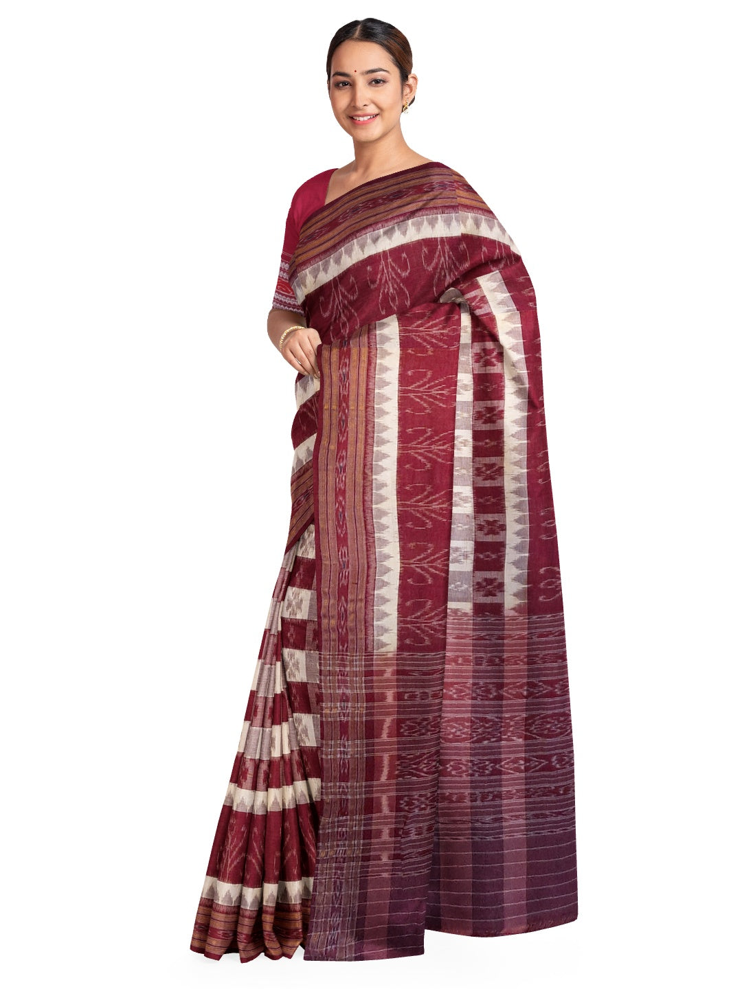 Beige and Maroon cotton ikat Saree with mix match red cotton Ikat Blouse
