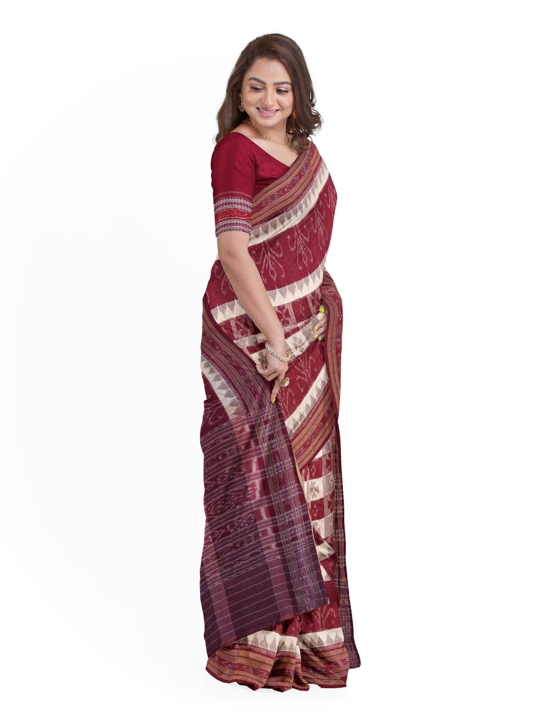 Beige and Maroon cotton ikat Saree with mix match red cotton Ikat Blouse