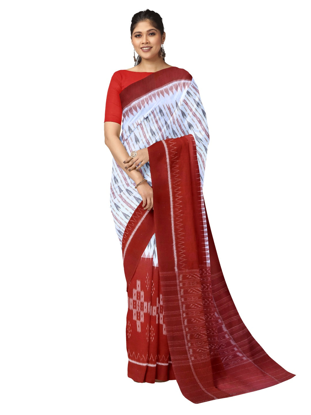 White and Red combination Odisha Ikat saree  with cotton ikat Pasapalli blouse piece