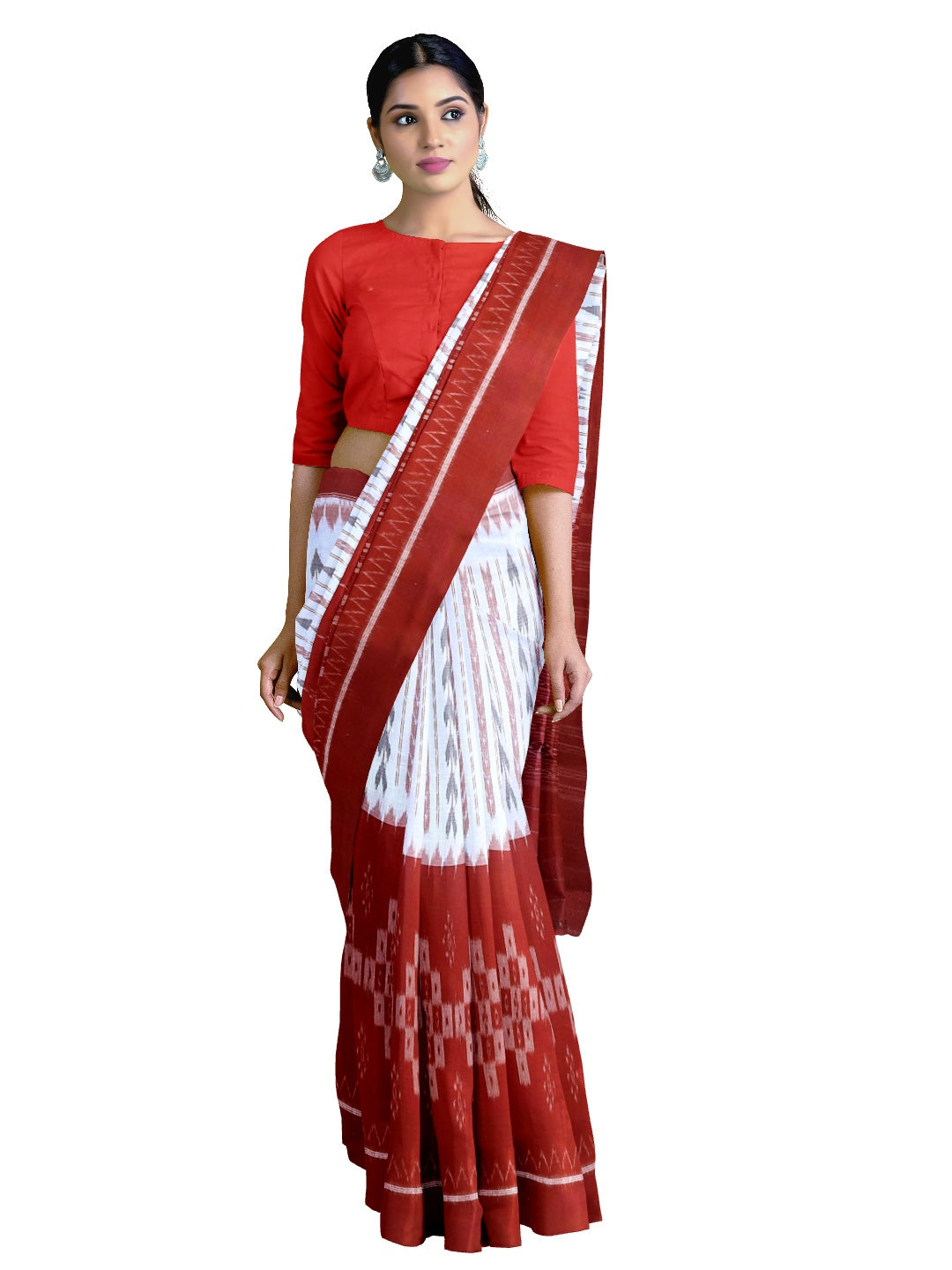 White and Red combination Odisha Ikat saree  with cotton ikat Pasapalli blouse piece
