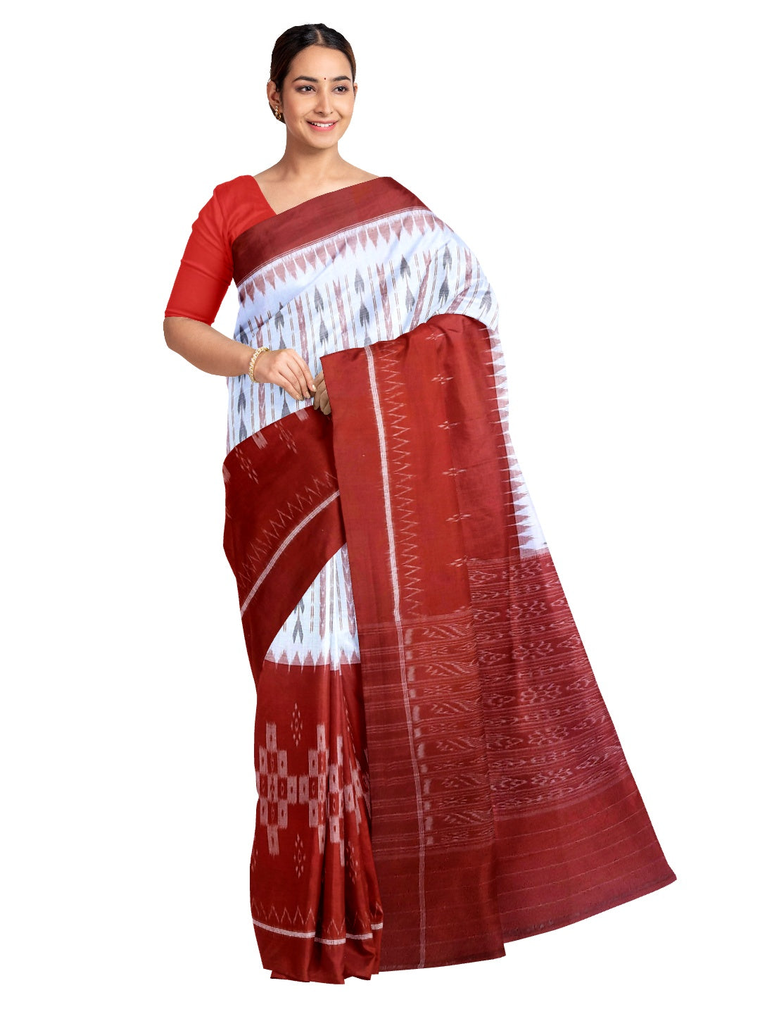 White and Red combination Odisha Ikat saree  with cotton ikat Pasapalli blouse piece