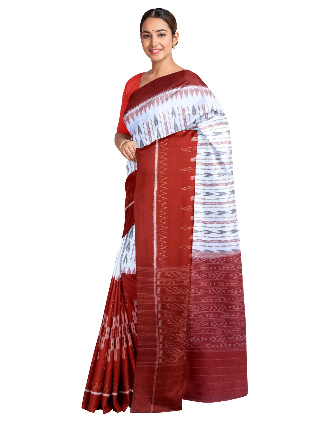 White and Red combination Odisha Ikat saree  with cotton ikat Pasapalli blouse piece