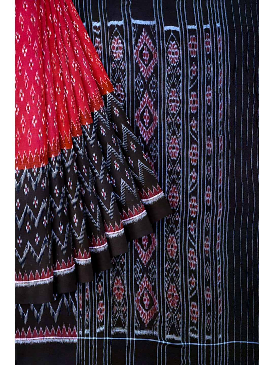 Red and Black Odisha Ikat saree with matching cotton ikat blouse piece