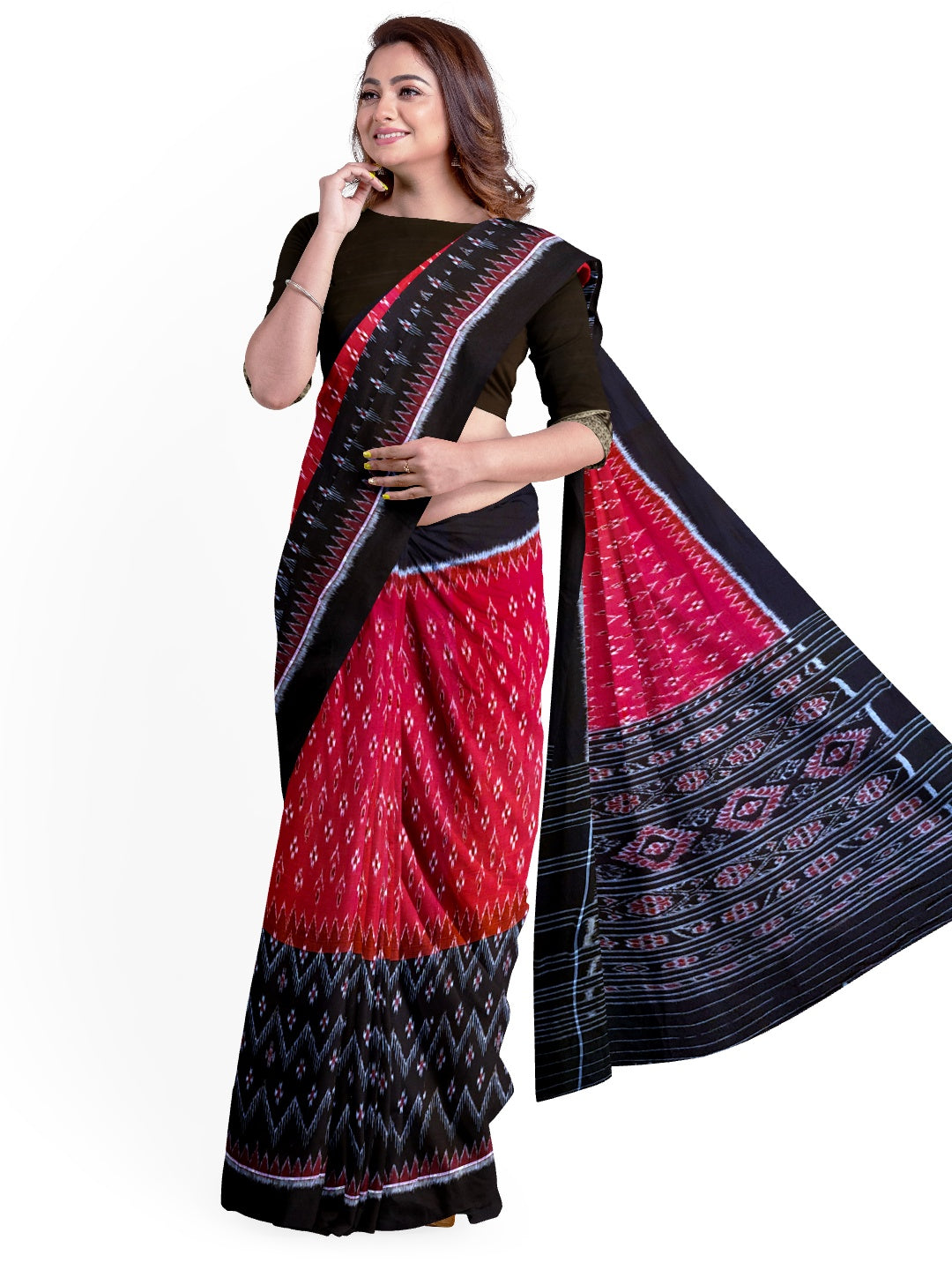 Red and Black Odisha Ikat saree with matching cotton ikat blouse piece