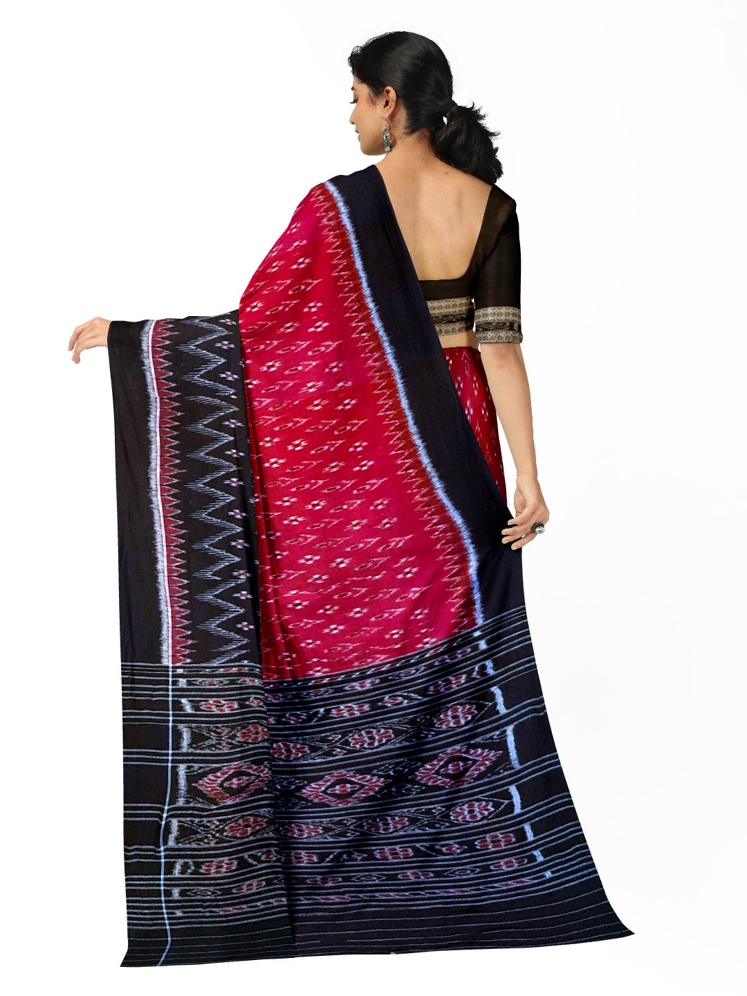 Red and Black Odisha Ikat saree with matching cotton ikat blouse piece