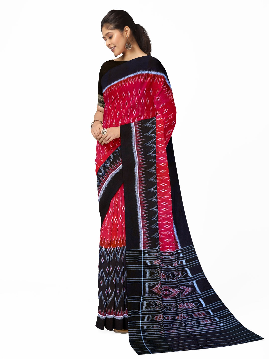 Red and Black Odisha Ikat saree with matching cotton ikat blouse piece