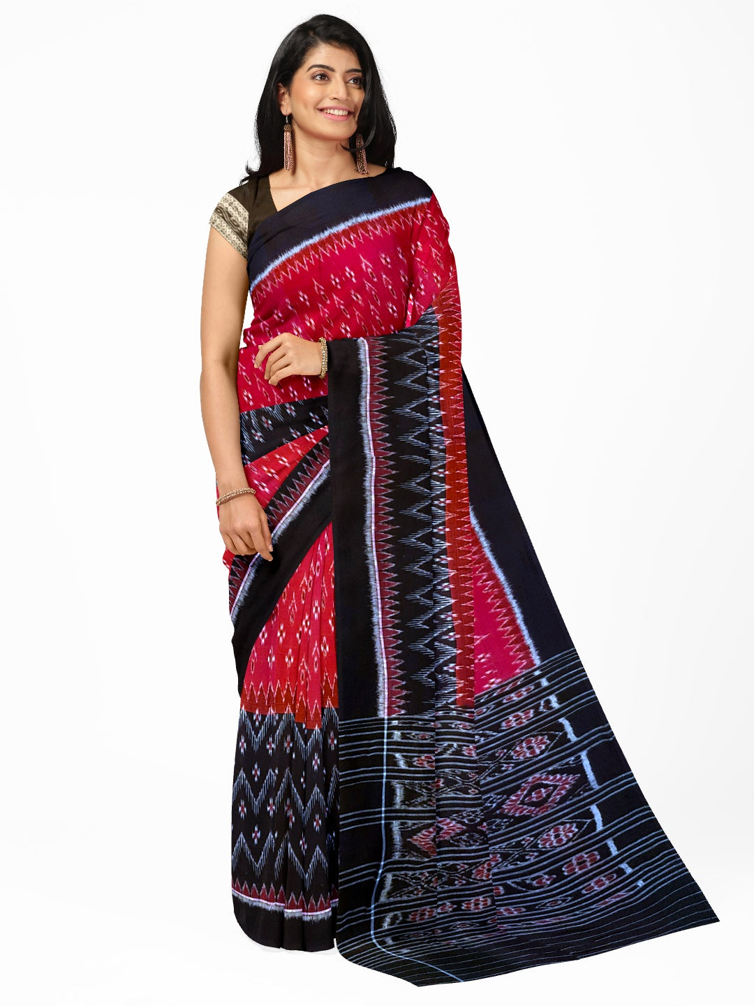 Red and Black Odisha Ikat saree with matching cotton ikat blouse piece