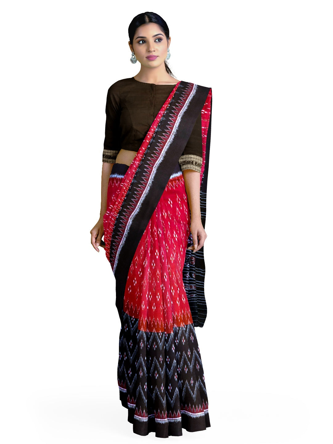 Red and Black Odisha Ikat saree with matching cotton ikat blouse piece