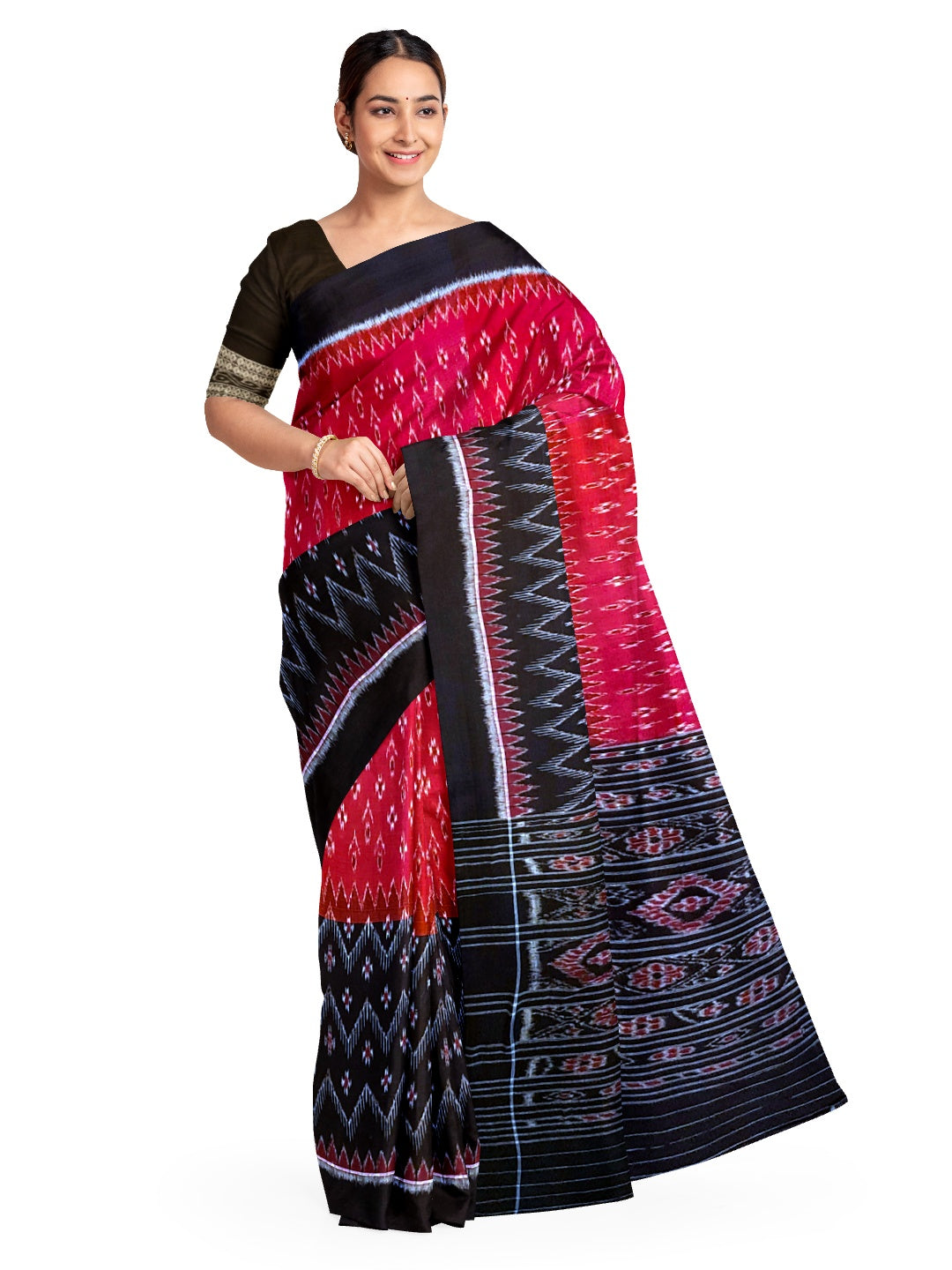 Red and Black Odisha Ikat saree with matching cotton ikat blouse piece