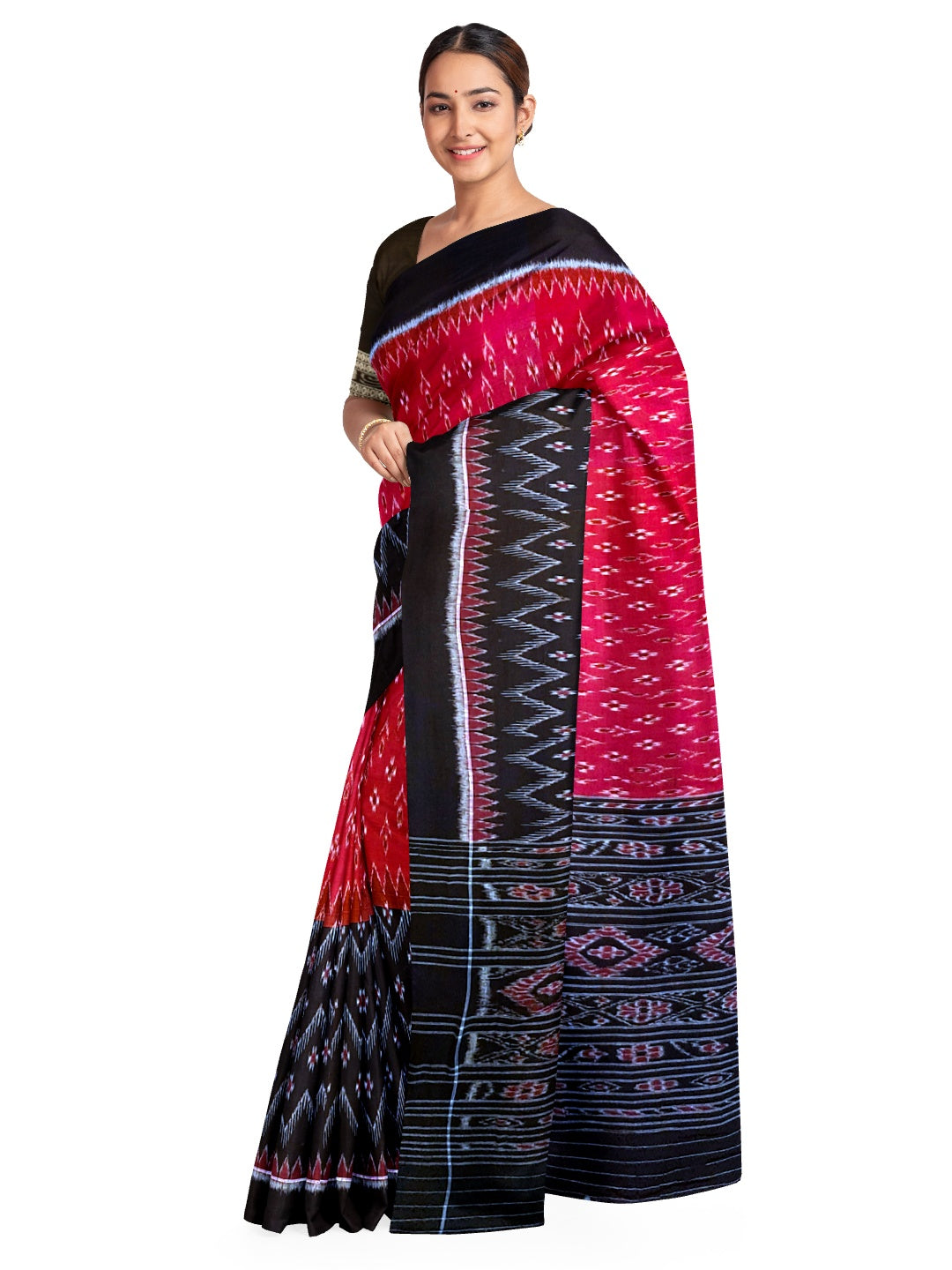 Red and Black Odisha Ikat saree with matching cotton ikat blouse piece