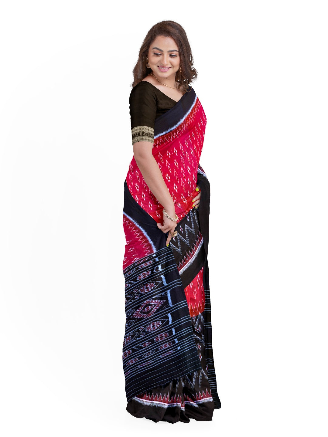 Red and Black Odisha Ikat saree with matching cotton ikat blouse piece
