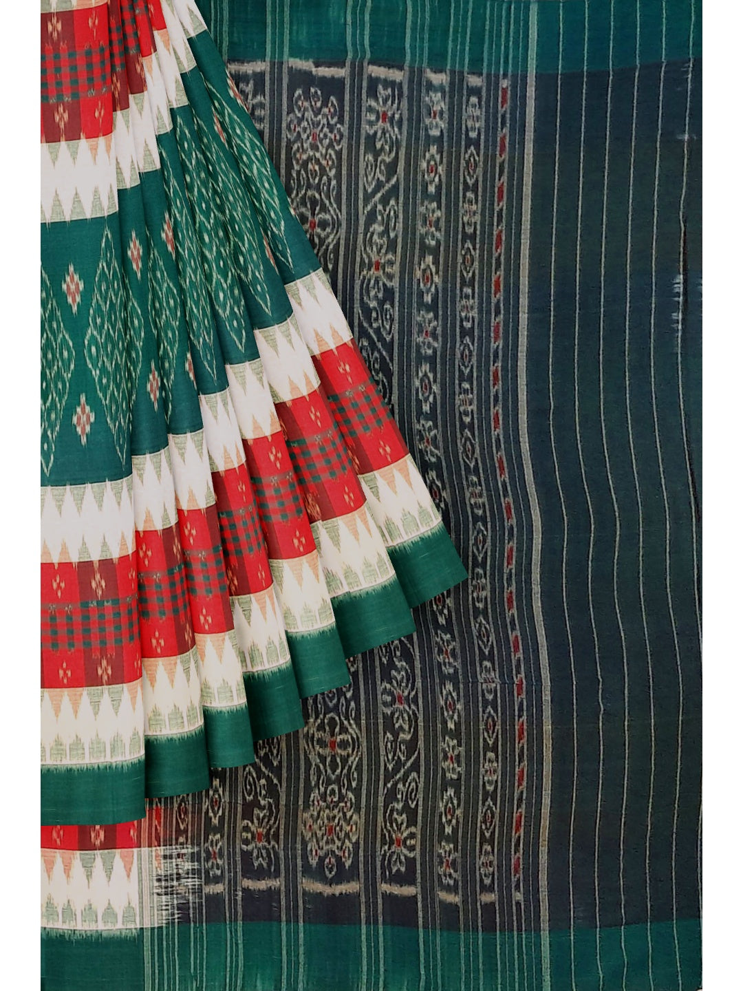 White and Green with Red Cotton Odisha Ikat saree  with  cotton ikat blouse piece