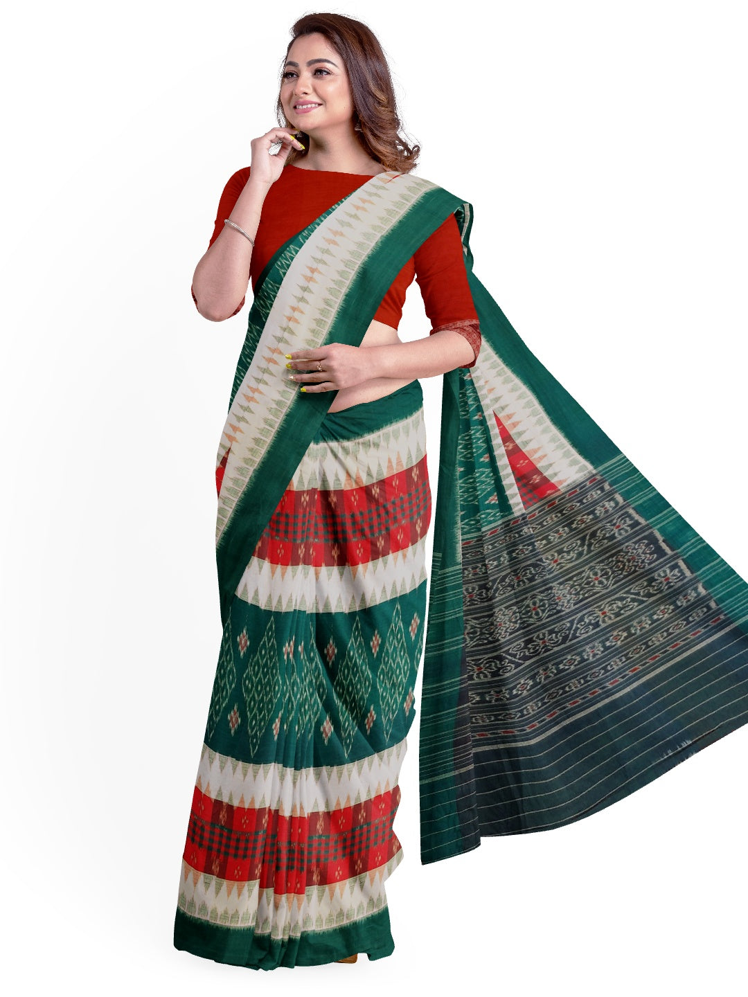 White and Green with Red Cotton Odisha Ikat saree  with  cotton ikat blouse piece