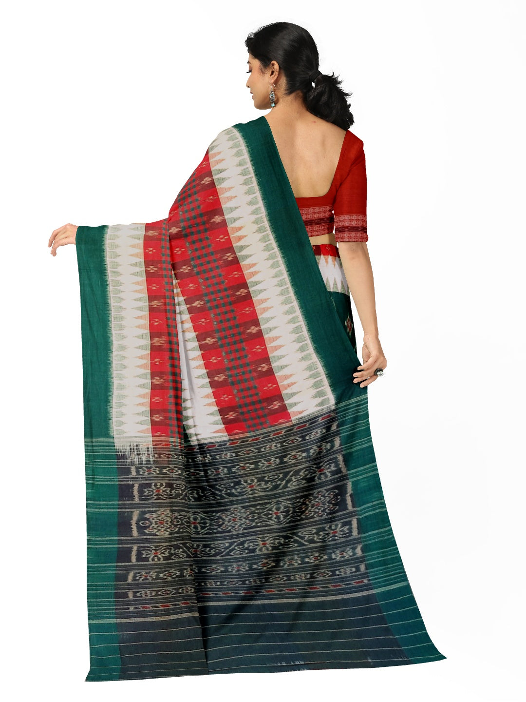 White and Green with Red Cotton Odisha Ikat saree  with  cotton ikat blouse piece