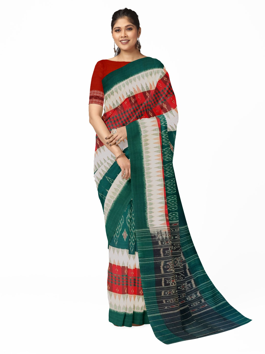 White and Green with Red Cotton Odisha Ikat saree  with  cotton ikat blouse piece