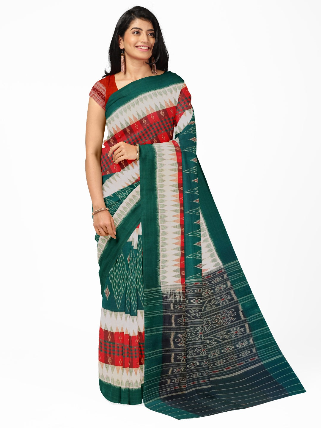 White and Green with Red Cotton Odisha Ikat saree  with  cotton ikat blouse piece