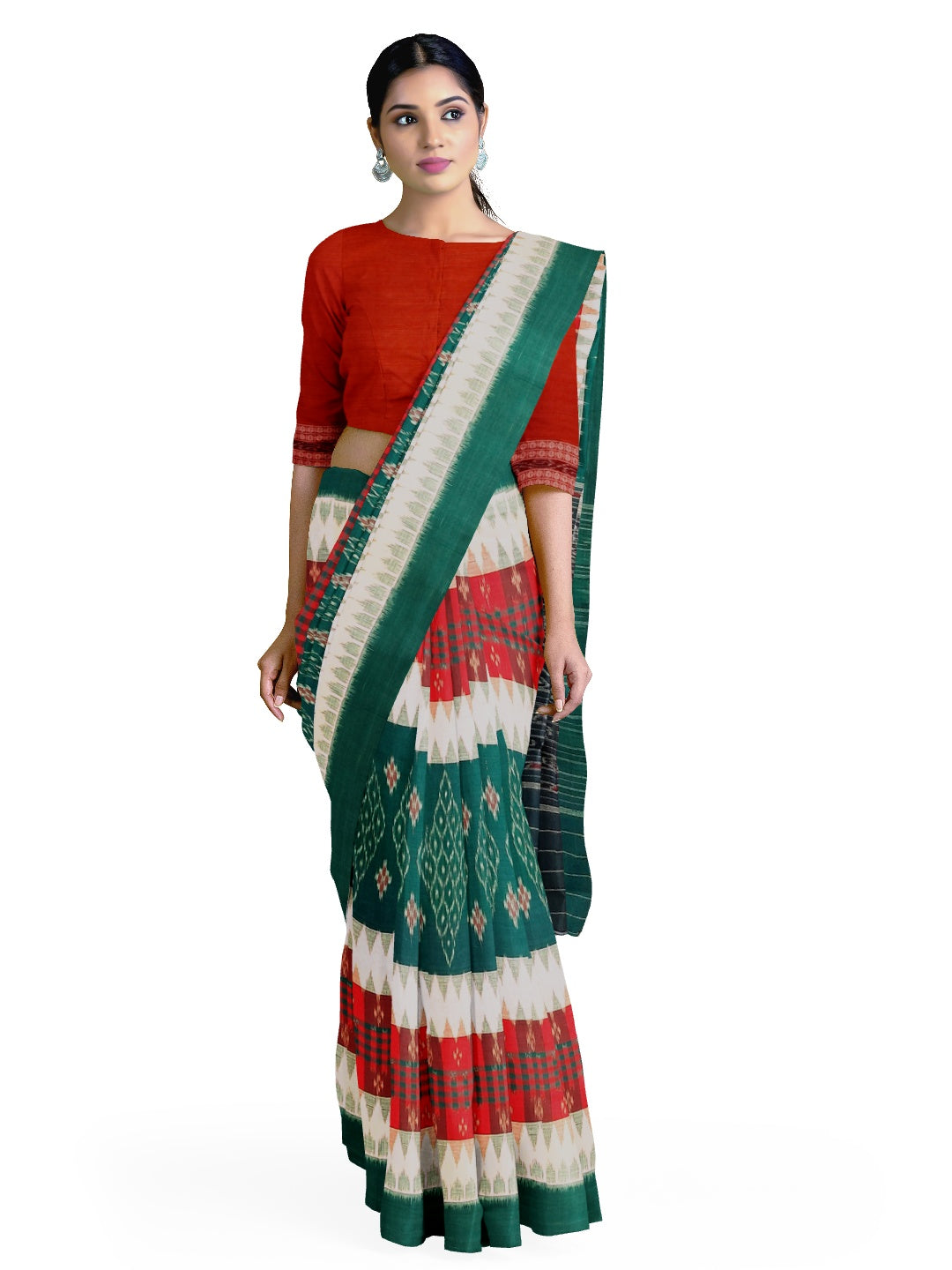 White and Green with Red Cotton Odisha Ikat saree  with  cotton ikat blouse piece