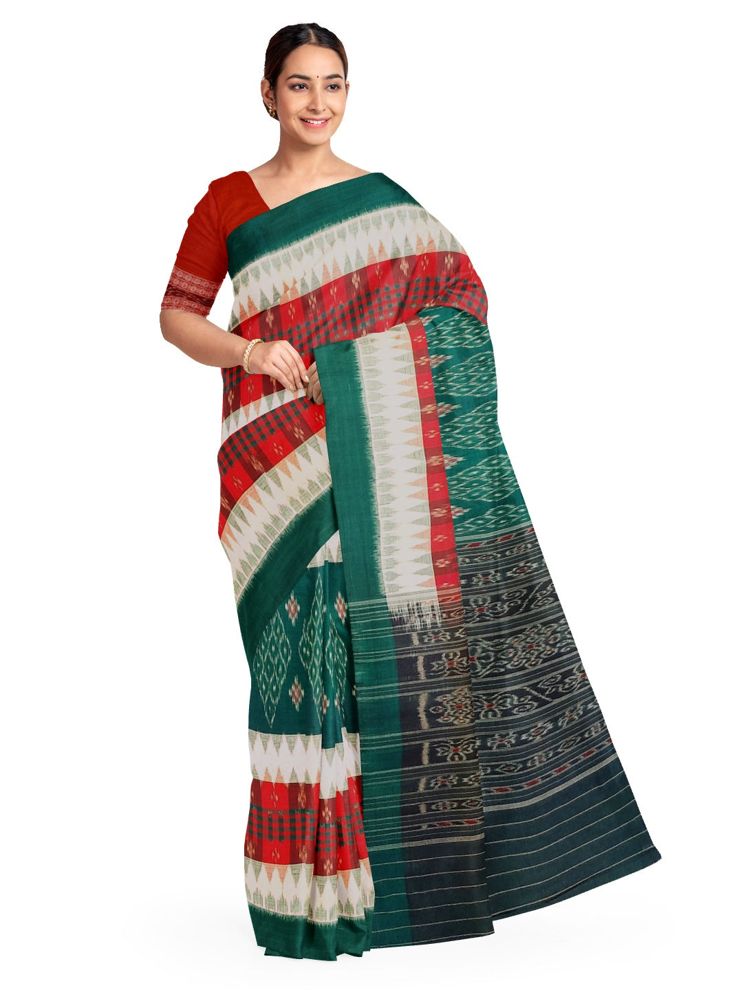 White and Green with Red Cotton Odisha Ikat saree  with  cotton ikat blouse piece