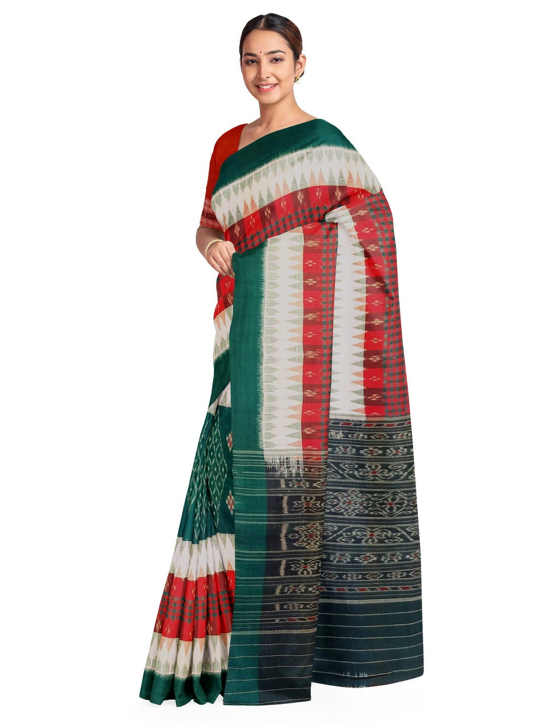 White and Green with Red Cotton Odisha Ikat saree  with  cotton ikat blouse piece