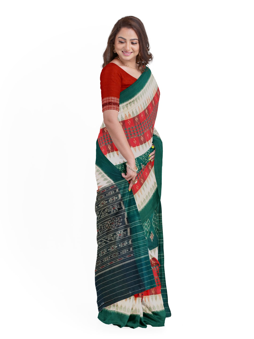 White and Green with Red Cotton Odisha Ikat saree  with  cotton ikat blouse piece