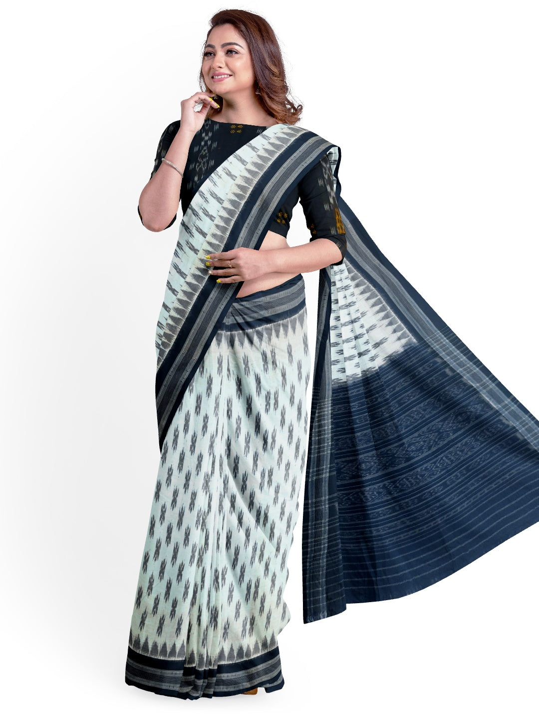 White and Black Cotton Odisha Ikat saree  with mix match cotton ikat blouse piece