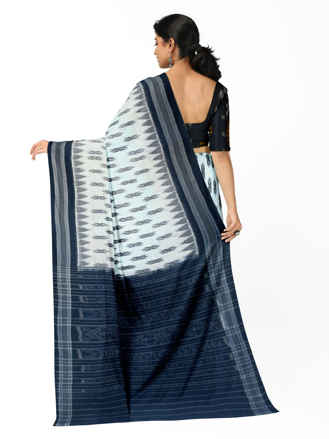 White and Black Cotton Odisha Ikat saree  with mix match cotton ikat blouse piece