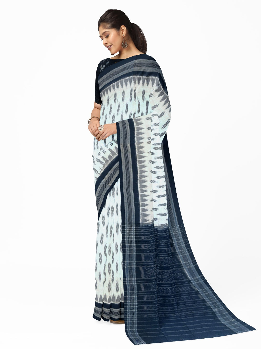 White and Black Cotton Odisha Ikat saree  with mix match cotton ikat blouse piece