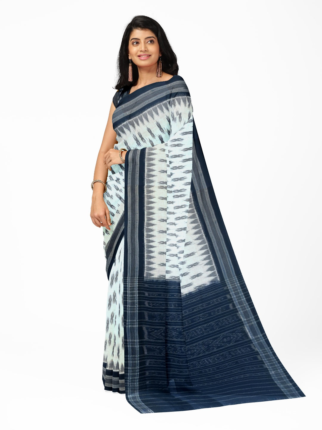 White and Black Cotton Odisha Ikat saree  with mix match cotton ikat blouse piece