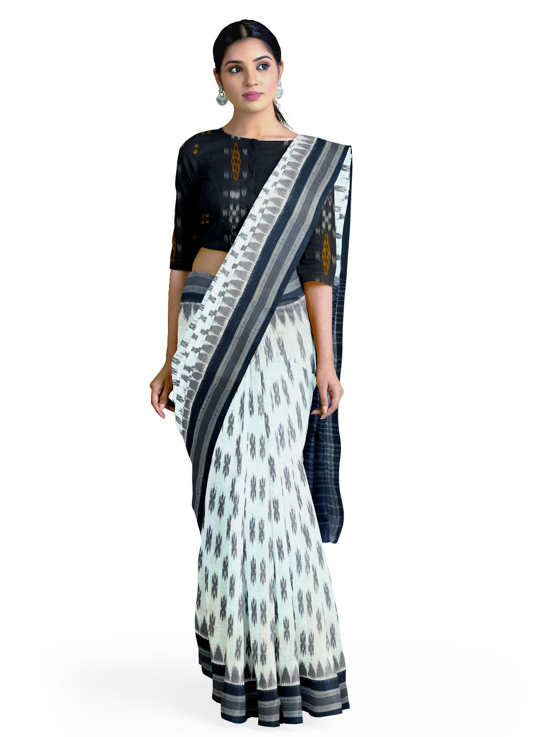 White and Black Cotton Odisha Ikat saree  with mix match cotton ikat blouse piece