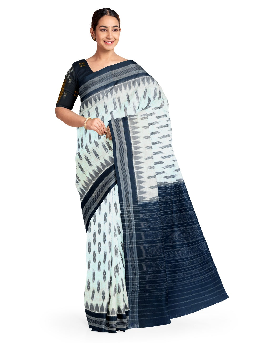 White and Black Cotton Odisha Ikat saree  with mix match cotton ikat blouse piece