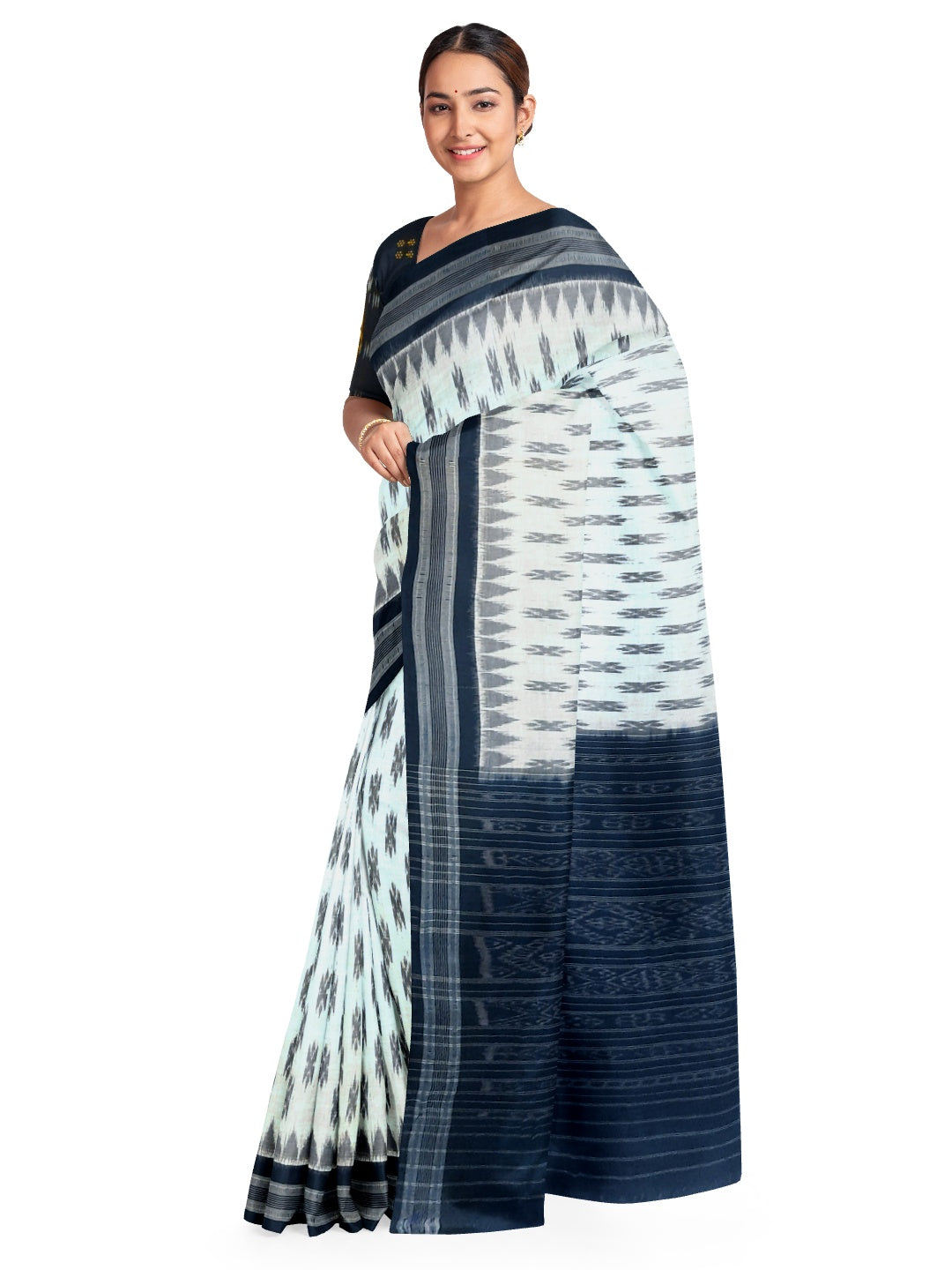 White and Black Cotton Odisha Ikat saree  with mix match cotton ikat blouse piece