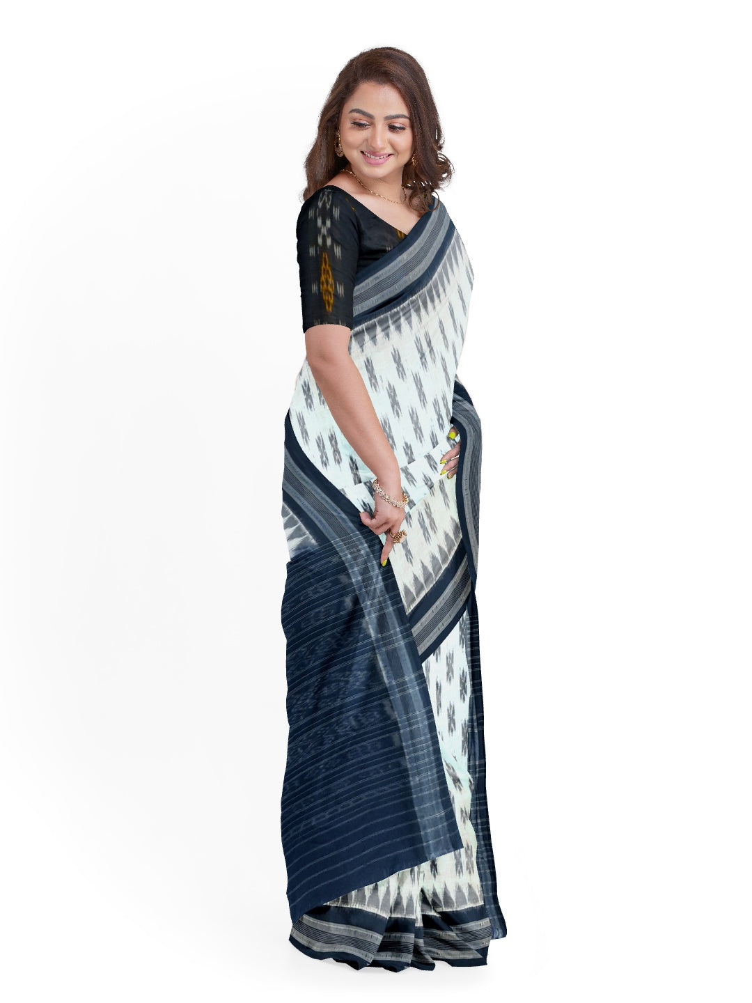 White and Black Cotton Odisha Ikat saree  with mix match cotton ikat blouse piece
