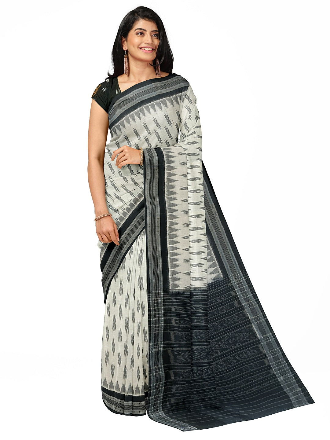 White and Black Cotton Odisha Ikat saree  with mix match cotton ikat blouse piece