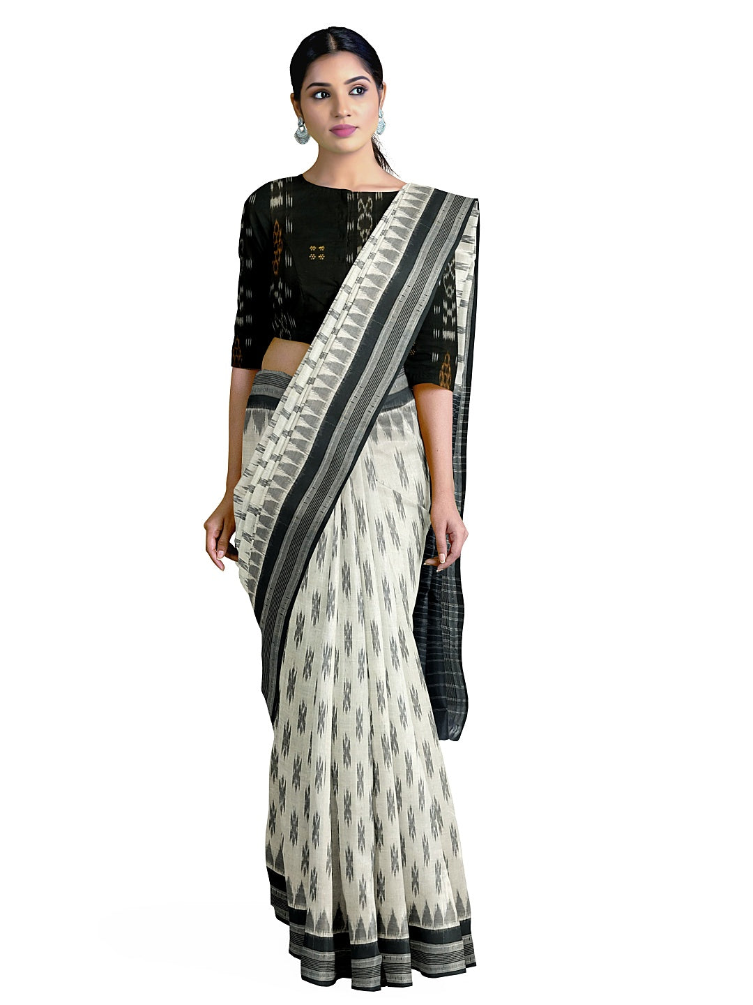 White and Black Cotton Odisha Ikat saree  with mix match cotton ikat blouse piece