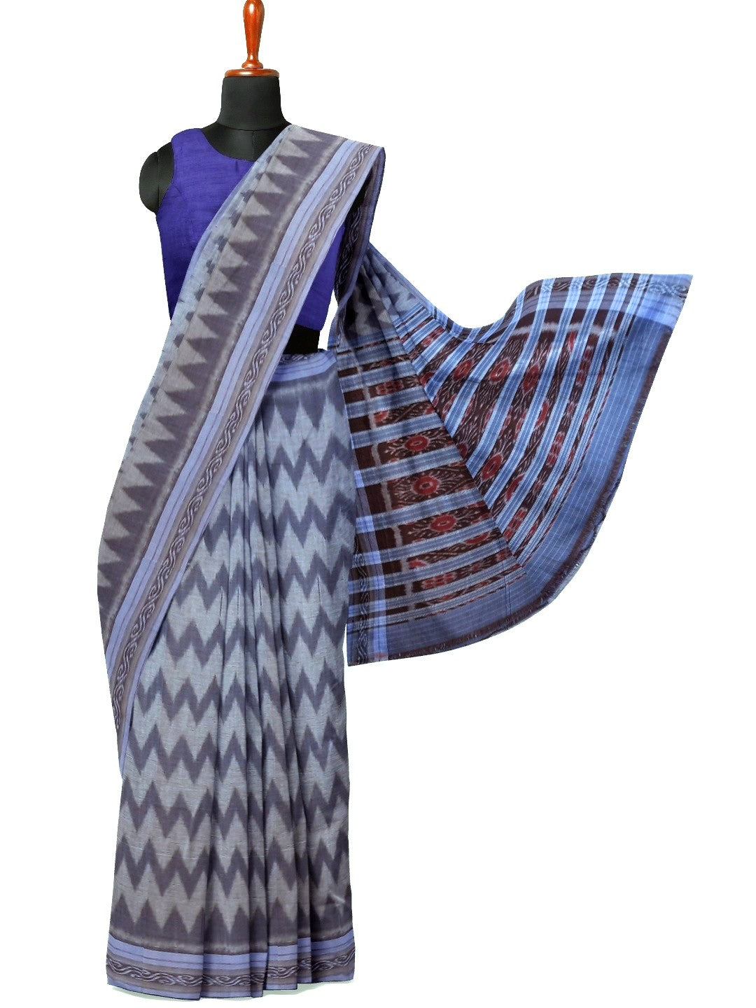 Grey Cotton Odisha Ikat saree with mix match blouse piece
